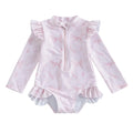 Kids Baby Girl Summer Swimwear Floral Print Backless Ruffles Long Sleeve Bodysuit Bathing Suit Girls Beachwear 0-4 Years