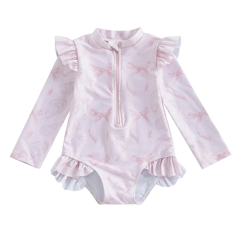 Kids Baby Girl Summer Swimwear Floral Print Backless Ruffles Long Sleeve Bodysuit Bathing Suit Girls Beachwear 0-4 Years