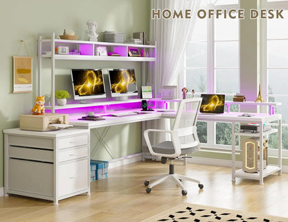 EnHomee L Shaped Gaming Desk with Drawers 66" Reversible Home Office Desks with LED Light & Power Outlets White Computer