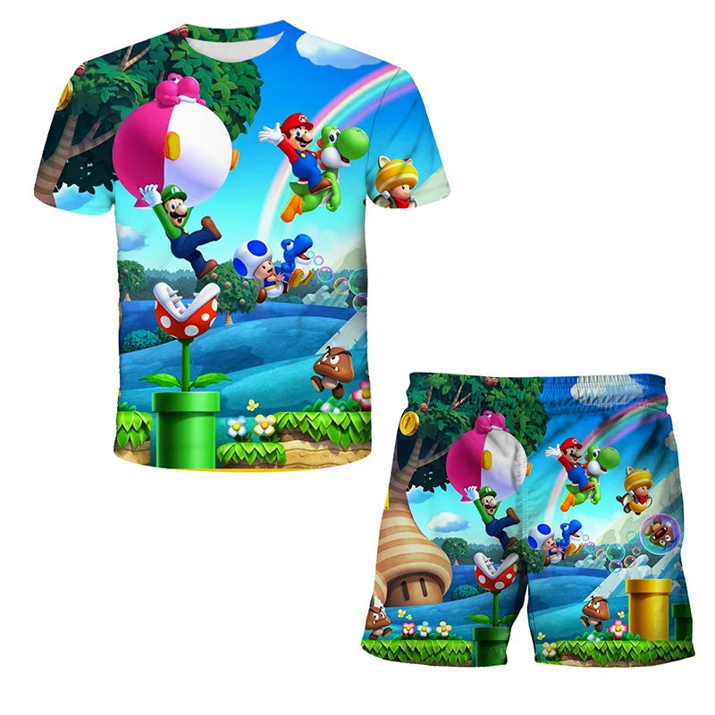 Summer anime Super Mario fashion cute boy 3D top T-shirt+shorts two-piece set Mario girl and boy top short sleeved shorts