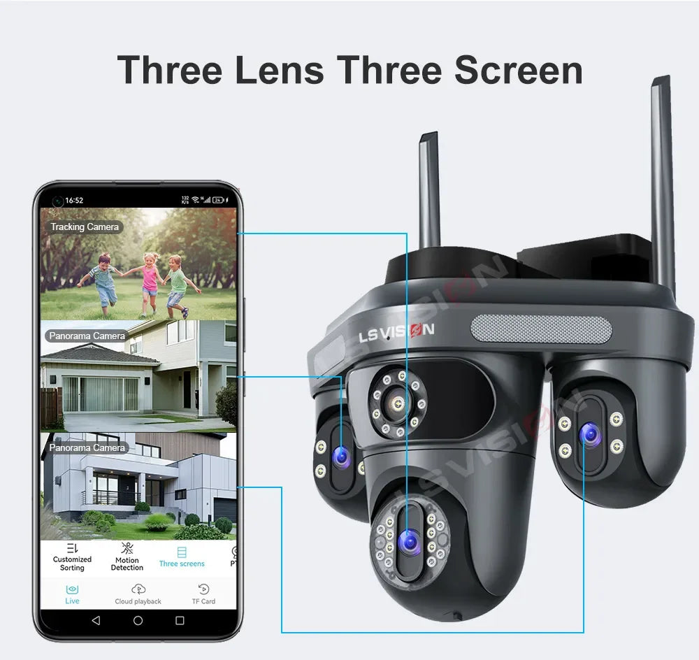 LS VISION 15MP Three Screen WiFi Camera Outdoor Three 360°Rotation PTZ IP Camera Human Auto Tracking Video Surveillance Cam CCTV