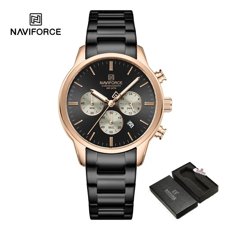 NAVIFORCE NF8076 Sports Watches for Men Stainless Steel Strap Quartz 3ATM Waterproof Shockproof New Fashionable Watch