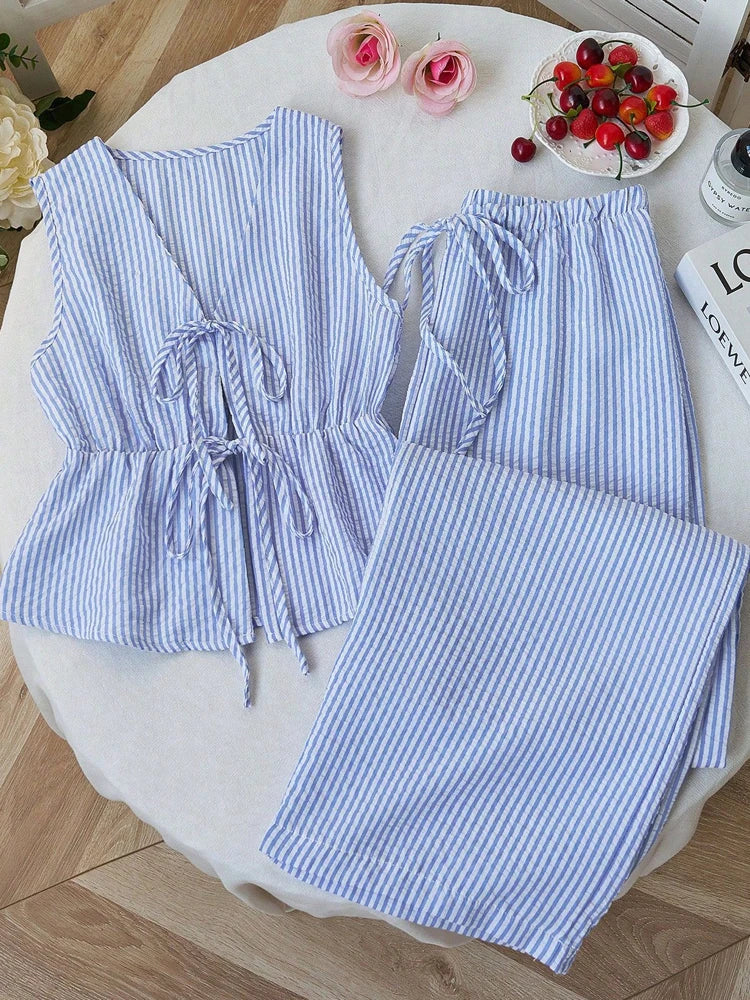 Women's Sets Two 2pcs Sale Summer V Neck Sleeveless Lace Up Vests&High Elastic Waist Striped Wide Leg Pant Suits OUYW-25014