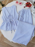 Women's Sets Two 2pcs Sale Summer V Neck Sleeveless Lace Up Vests&High Elastic Waist Striped Wide Leg Pant Suits OUYW-25014