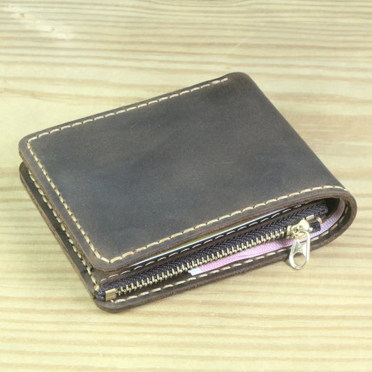 Cartera de cuero genuino de lujo hecha a mano para hombre, monedero plegable, billetera corta con clip para dinero, monedero de cuero vintage con bolsillo con cremallera.