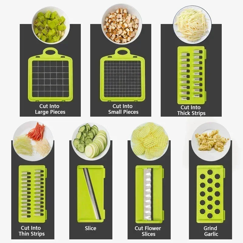 Picadora de verduras multifuncional 14/16 en 1 con mango, rallador de alimentos, picadora de alimentos, rebanadora de verduras, cortadora de dados, artículos de cocina