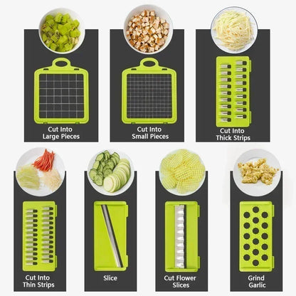 Picadora de verduras multifuncional 14/16 en 1 con mango, rallador de alimentos, picadora de alimentos, rebanadora de verduras, cortadora de dados, artículos de cocina