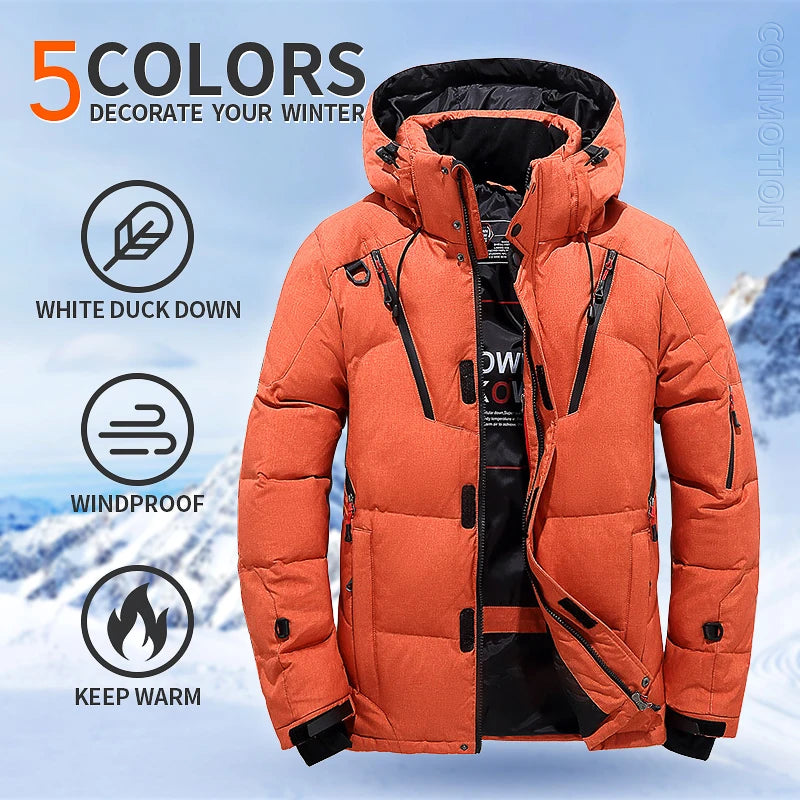 Chaqueta de plumón para hombre, abrigo de invierno de pato blanco, parka cálida y resistente al viento, para viajes y acampadas, nueva, gruesa, de color sólido, con capucha.