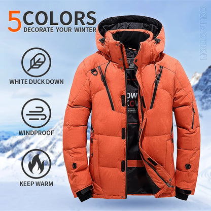 Chaqueta de plumón para hombre, abrigo de invierno de pato blanco, parka cálida y resistente al viento, para viajes y acampadas, nueva, gruesa, de color sólido, con capucha.