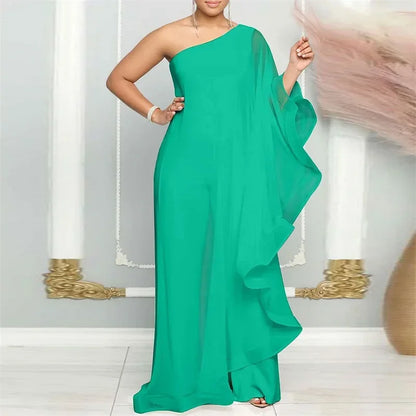 Elegant Chiffon One Shoulder Wide Leg Jumpsuit Women Club Party Birthday Outfits One Pieces Rompers Overalls Combinaison Femme