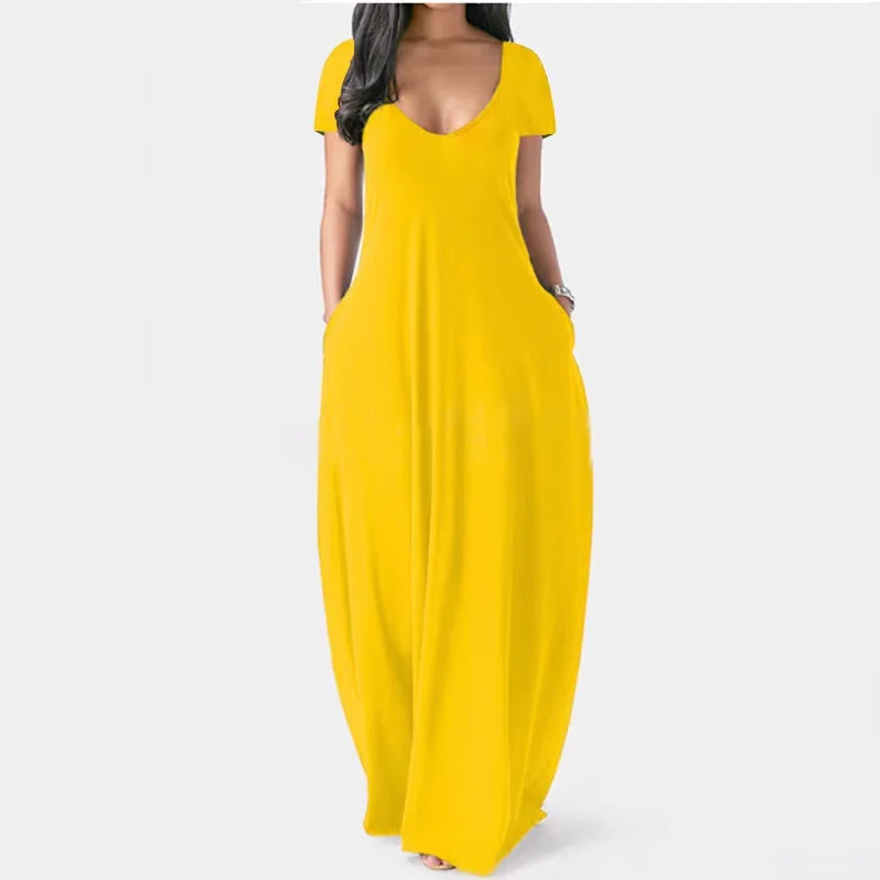 AliExpress Europa e nos Estados Unidos verão transfronteiriço novo plus size vestido de cor sólida sexy profundo V manga curta saia longa