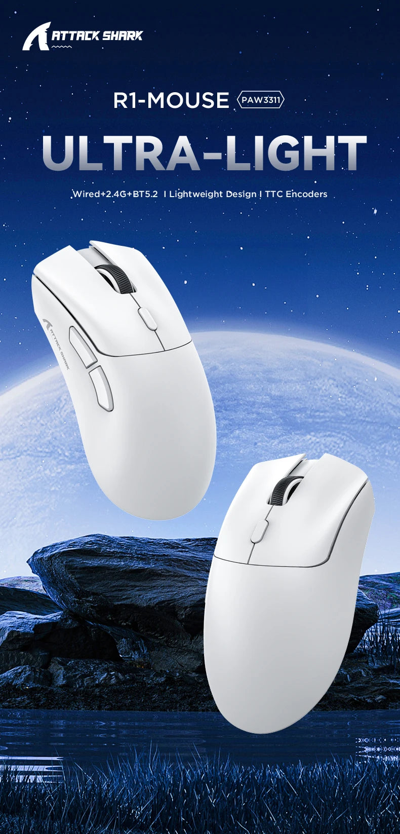 Ratón Bluetooth Attack Shark R1, 18000 dpi, PAW3311, conexión inalámbrica trimodo, ratón para juegos macro