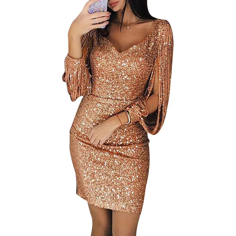 Women Sequin Dress Glitter Sparkle Sexy Deep V Neck Short Dress Above Knee Length Long Tassel Sleeve