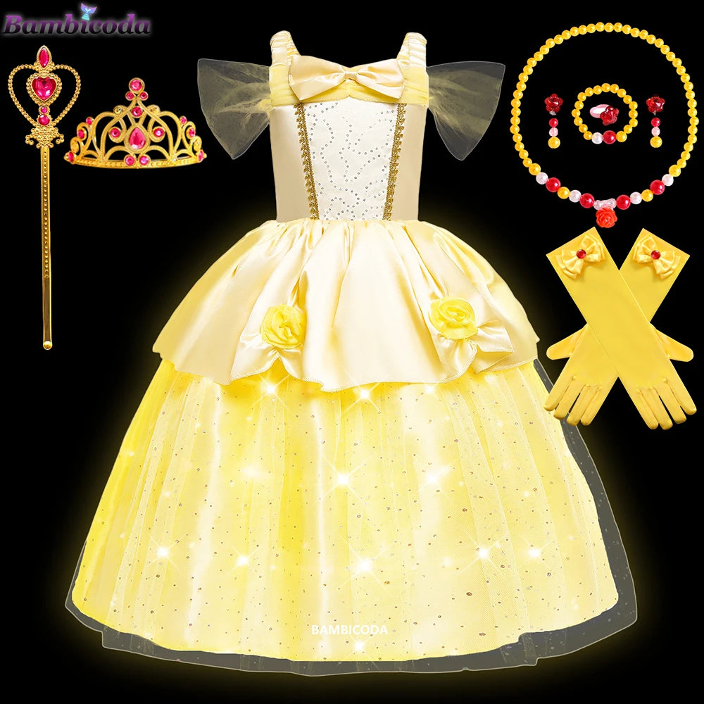 2025 Cosplay Belle Princess Dress Girls Dresses For Beauty and beast Party Clothing Magic stick crown Costume 3-12Y