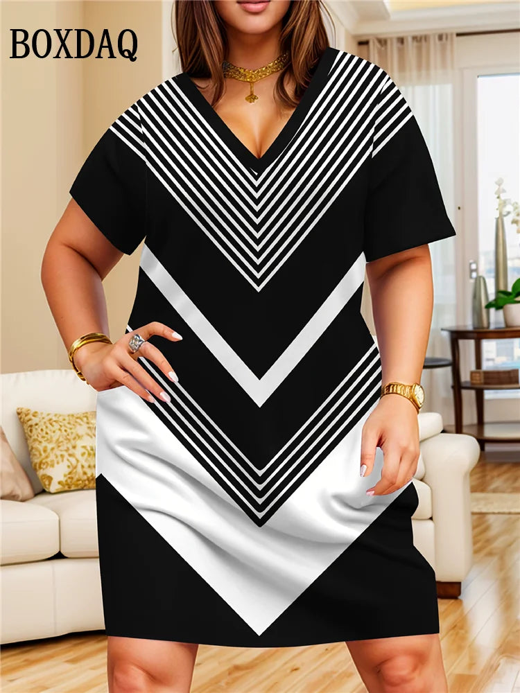 Gradient Dresses Summer Elegant Women'S Clothing Fashion Print Short Sleeves Loose Dress Plus Size Casual V-Neck Party Dress 6XL