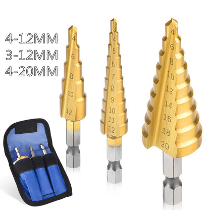Brocas escalonadas de acero HSS con revestimiento de titanio de 3-12 mm, 4-12 mm y 4-20 mm, herramientas de corte cónicas escalonadas para acero, madera y metal.