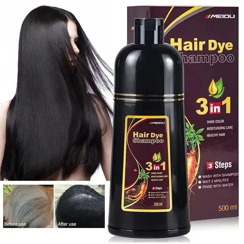 Shampoo de Coloração Instantânea Meidu 3 em 1 – Cor Preto Natural para Homens e Mulheres – Tinta de Cabelo à Base de Ervas (Opções: Castanho, Roxo)