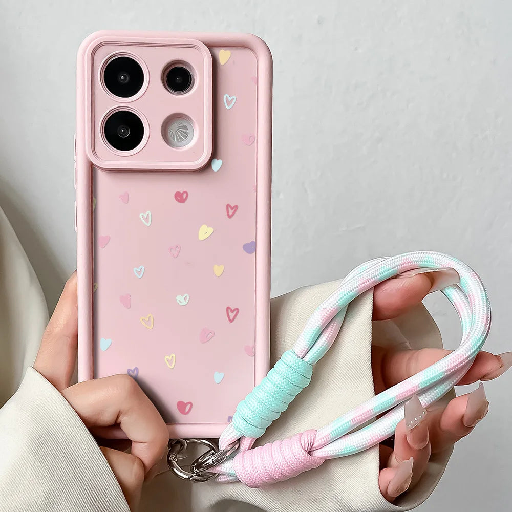 Wrist Chain Lanyard Case For Xiaomi 14T 13T 12T 11T 15 14 12 13 Pro Lite Poco X7 X6 X5 F5 F6 Pro Colorful Love Heart Cover