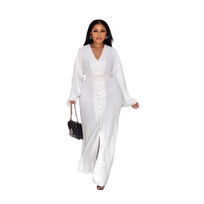 Znaiml Elegant Office Lady White Dresses V Neck Long Sleeve Single Breasted Button Slit Dress Women Fall Birthday Party Clubwear