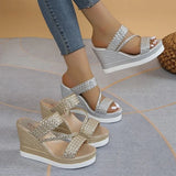 Zapatilla para mujer, nuevas sandalias deslizantes con cuña para mujer, bomba de verano a la moda con plataforma de diamantes de imitación y perlas, zapatillas informales de tacón alto para mujer