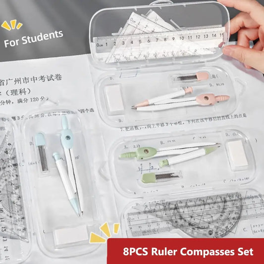 8PCS/Set Plastic Ruler Compasses Set Transparent Straight Ruler Measuring Ruler Set Square Eraser Protractor School Office