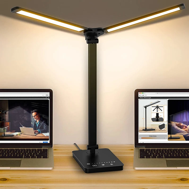 Double Head LED Desk Lamp,Dual Swing-arm Table Lamp for Home Office,5 Color Modes and 5 Dimmable,Modern Eye-Caring Piano Lamp