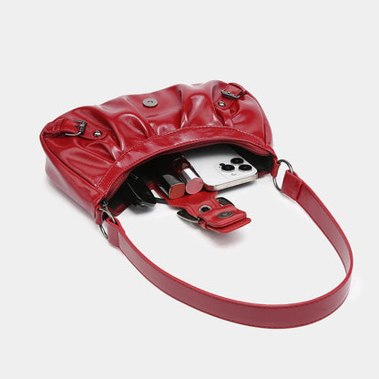 Women's Pleated Hobo Red Shoulder Bag Vintage Leather Spicy Girl Y2K Armpit Bag Rivet Belt Trendy Saddle Bag Travel Commuter Bag