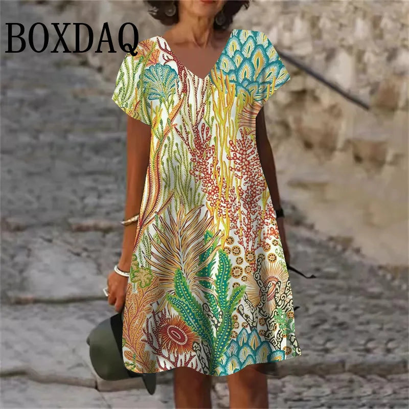 9XL Large Sizes Dress Women Sundress Casual V-Neck Short Sleeve Loose Dress Summer Retro Flowers Plant Print Dress Plus Size 8XL