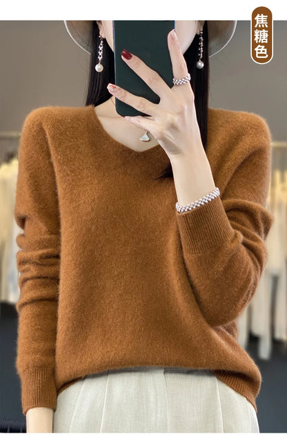 Suéter básico de otoño-invierno 2024 para mujer, 100 % lana merino, cuello en V, tejido de punto liso, jersey de oficina para mujer, manga larga, cachemir.