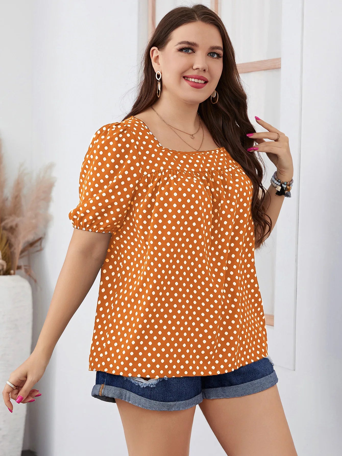 Fairyshely 2025 Summer Casual Print Plus Size Top Women Square Collar Loose Large T-shirt Lady Short Sleeve Elegant Curvy Tops