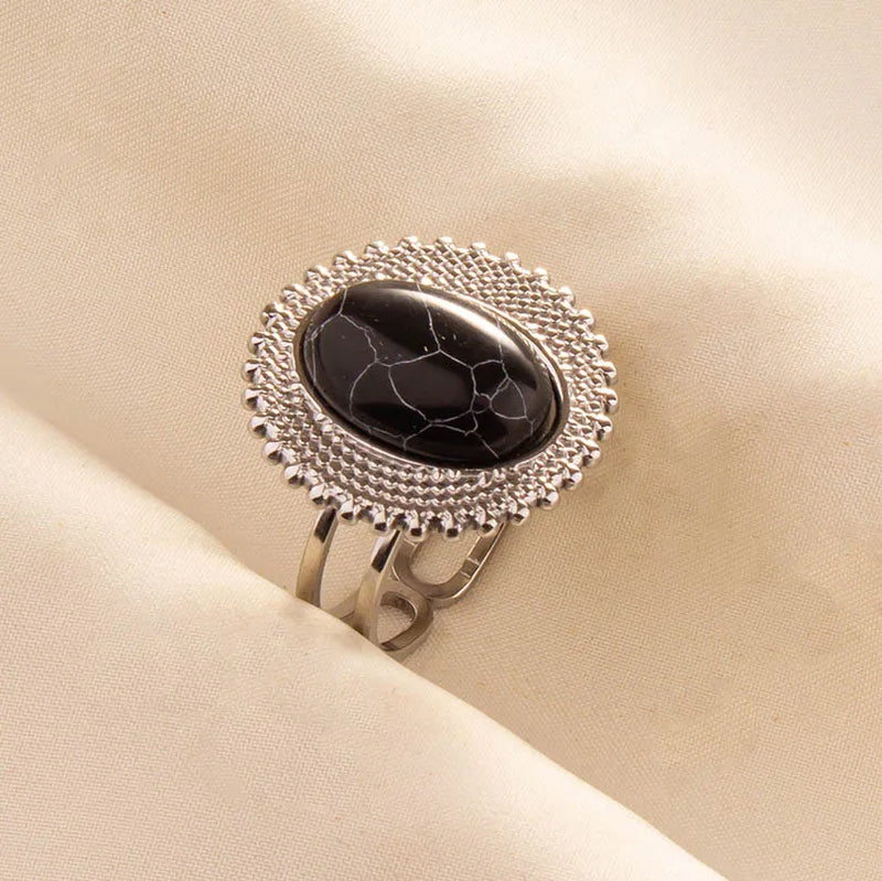 1pc Boho Turquoise Ring Stainless Steel Black Stone Silver Color Adjustable Ring Women Ethnic Ring Bohemian Jewelry Gift No Fade