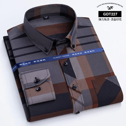 Latest Men's Dress Shirts Spring Autumn Non-iron Anti-wrinkle Business Casual Print Thin Plaid Soft Slim Fit Chemise Homme