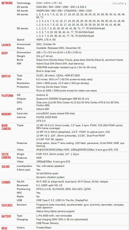 Sony Xperia Pro I Pro-I 12GB RAM 512GB ROM Dual physical SIMs XQ-BE72 Global Version Unlocked 5G Cell Phone