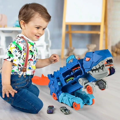 Transport Dinosaur Truck with Foldable Sliding Race Track Transforms into Standing T-rex Best Birthday Gifts Toys Boys Girls