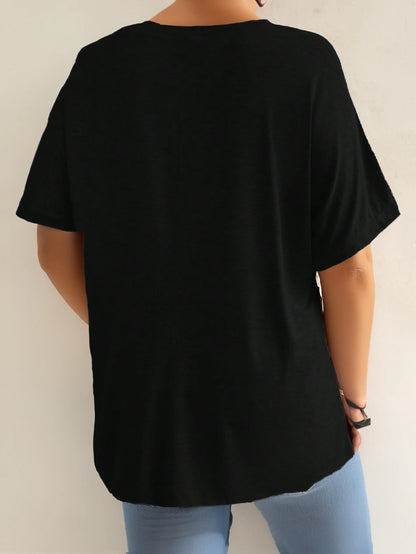 Camiseta de manga curta com decote em v feminina com bolsos frontais, top confortável e elegante, plus size, casual