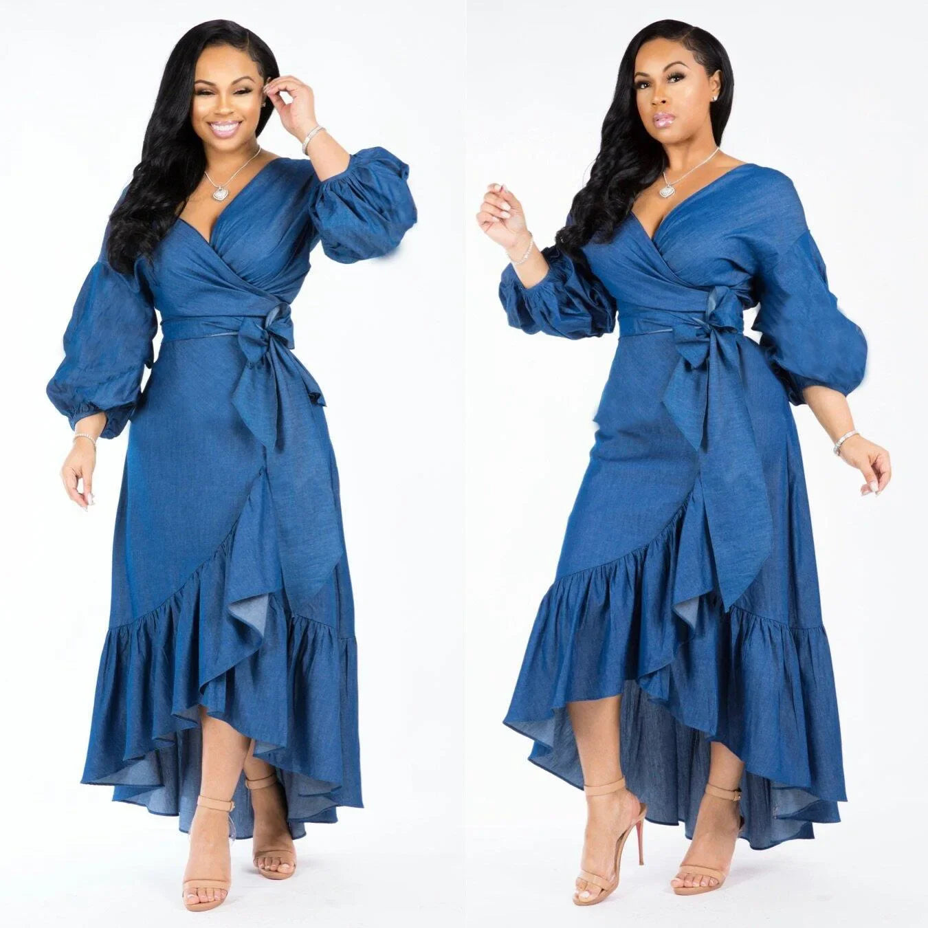 Popular Women's Casual Women's Ruffled Lantern Sleeves V-Neck Elegant Denim Dress Sexy Dress Dresses for Women Party