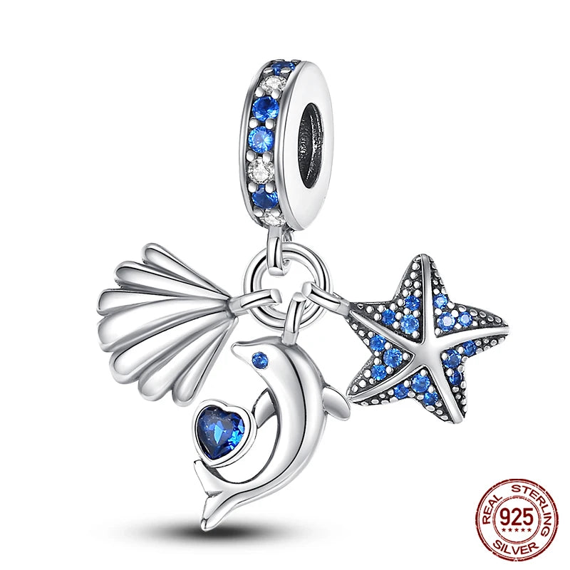 Ocean Series - Original Genuine 925 Sterling Silver Turtle Crab Mermaid Charm Beads Suitable for 3mm Bracelet DIY Making Pendant