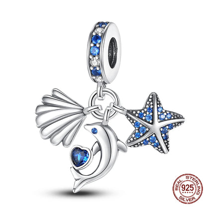 Ocean Series - Original Genuine 925 Sterling Silver Turtle Crab Mermaid Charm Beads Suitable for 3mm Bracelet DIY Making Pendant
