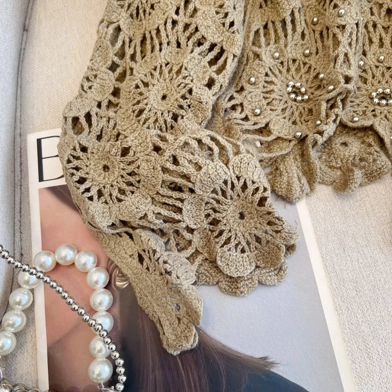 Casual Long Sleeve Elegant cardigan Beading O-neck Chic Vintage Hook Flower Hollow Out Top Plus Size Clothing