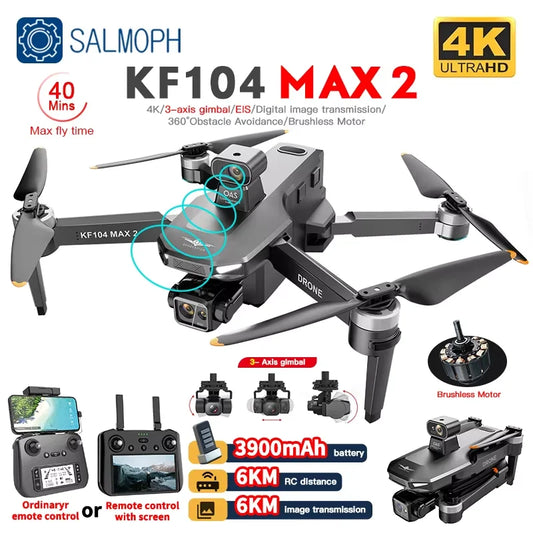 Dron profesional KF104 / KF104MAX2 con cámara 4K, cardán de 3 ejes, WIFI, 360 grados, evitación de obstáculos, pantalla táctil, FPV, sin escobillas, RC
