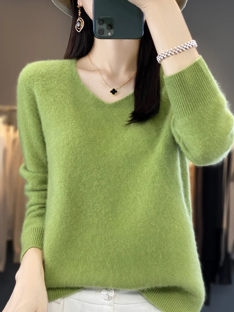 Suéter básico de otoño-invierno 2024 para mujer, 100 % lana merino, cuello en V, tejido de punto liso, jersey de oficina para mujer, manga larga, cachemir.