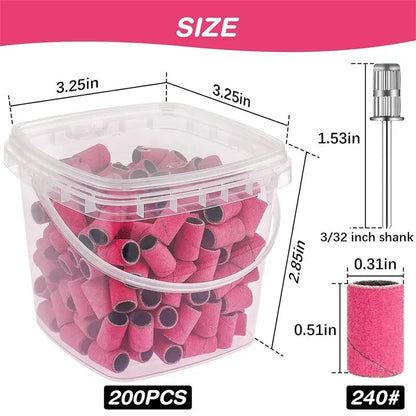 200pcs nail art Sanding Bands 80 120 180 240 Grit with 2Pcs Nail Drill Bits for Manicures and Pedicure accessories