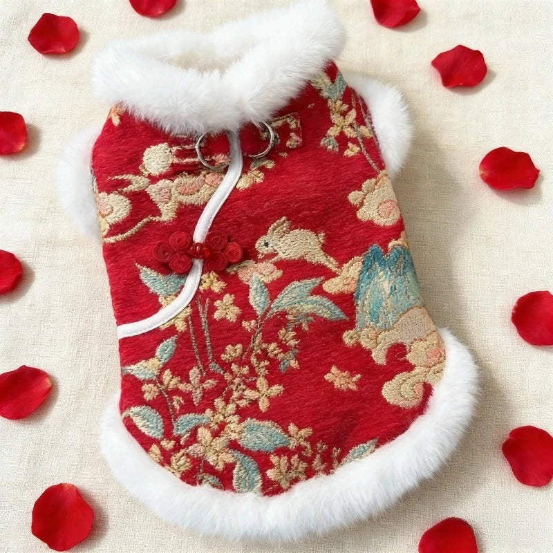 New Year Autumn Winter Double Layer Fleece Pet Clothes Chinese Style Jade Rabbit Design Warm Coat for Dogs Cats Festive Holiday