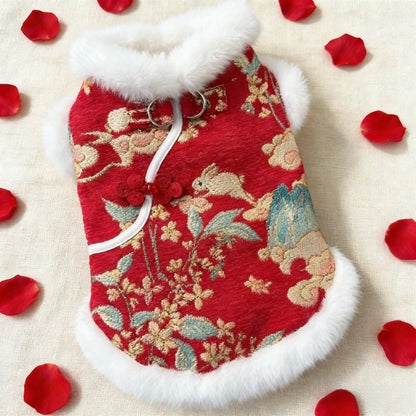 New Year Autumn Winter Double Layer Fleece Pet Clothes Chinese Style Jade Rabbit Design Warm Coat for Dogs Cats Festive Holiday