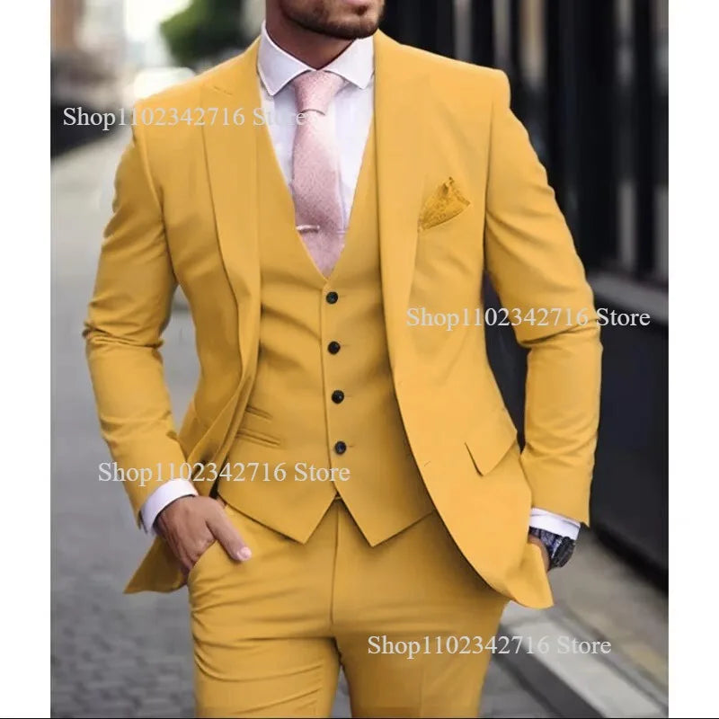 Pink Luxury Men Suits 2024 Terno Slim fit 3 Piece Jacket Pant With Vest Groom Wedding Tuxedo Costume Homme Formal Occasion Terno