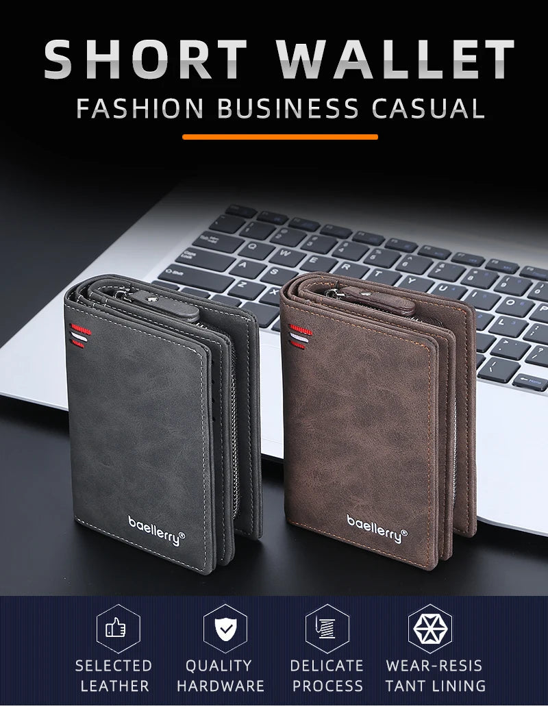 New Leather Men Wallets High Quality Zipper Short Desigh  Wallet Hipster Credit Card Holders Inserts Coin Purses Vintage Walltes