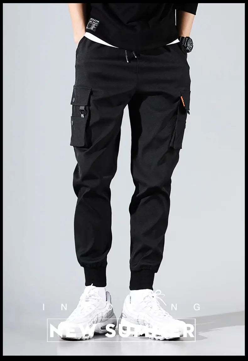 Classic Streetwear Casual Men Ribbons Harem Jogging Pants Male Slim Fit Spring Cargo Pants Multi-Pockets Women Trousers k32