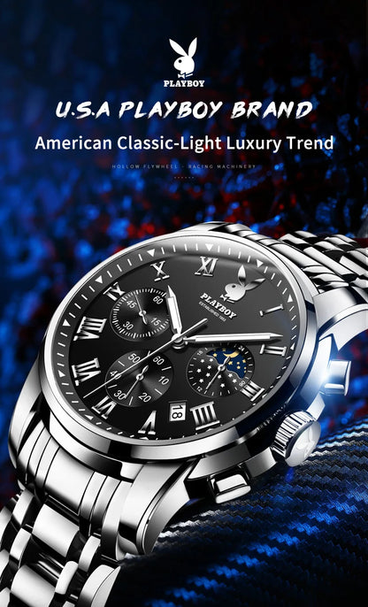 PLAYBOY Best Selling Fashion Luxury Quartz Watch for Men Original Stainless Steel Multifunction Waterproof Men's Wrist Watches