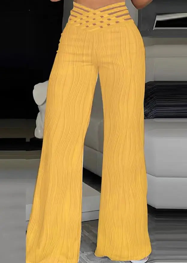 Fashion Office Ladies Trousers Elegant Crisscross Sheer Mesh Patch Casual High Waist Flared Pants for Women Clothes 2023 Summer