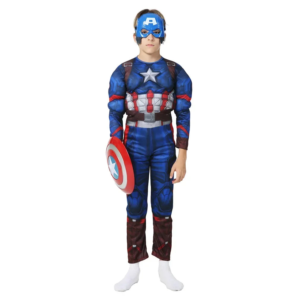 Superhero Captain America Muscle Costume Captain America Muscle Cosplay Jumpsuit Shield Christmas Carnival Party Costume for Kid